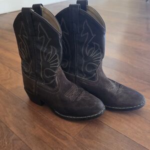 Kids Brown Leather Cowboy Boots - Boys Size 13.5